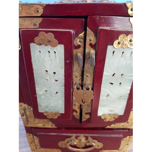 155 - Chinese Jewellery Box (12.5 x 17.5 x 9cm) and Jewellery Wardrobe in Burgundy Lacquered Metal and Jad... 