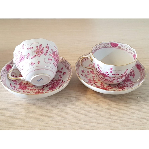 161 - Meissen Pink & Onion Pattern Coffee / Tea inc; Pot, 2 x Cups, 2 x Saucers, 1 x Plate (Blue Crossed S... 