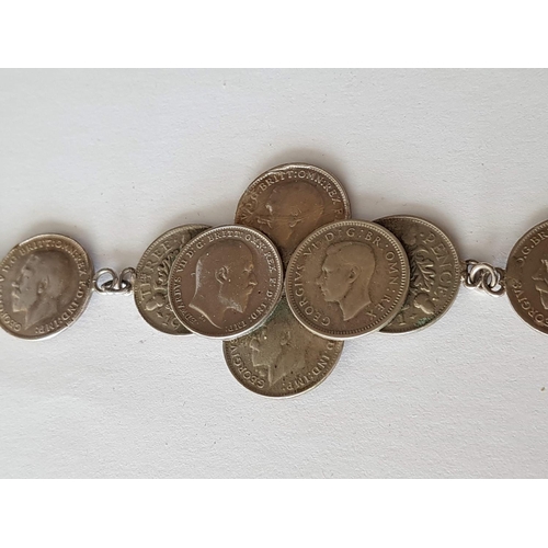 188 - Sterling Silver Hallmarked Three Penny Bit Bracelet 1912-1936 (12-pieces) Total Weight 17.5grms