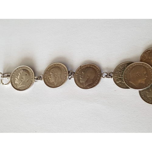 188 - Sterling Silver Hallmarked Three Penny Bit Bracelet 1912-1936 (12-pieces) Total Weight 17.5grms