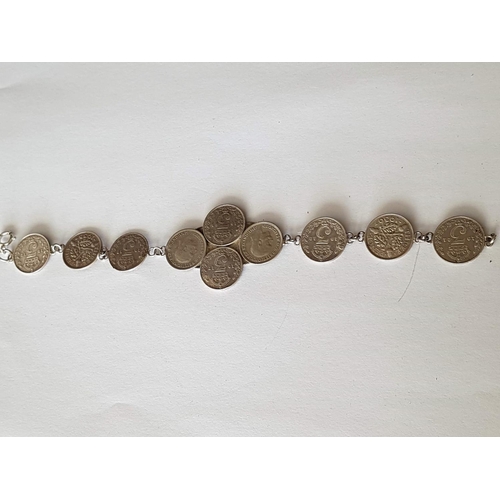 188 - Sterling Silver Hallmarked Three Penny Bit Bracelet 1912-1936 (12-pieces) Total Weight 17.5grms