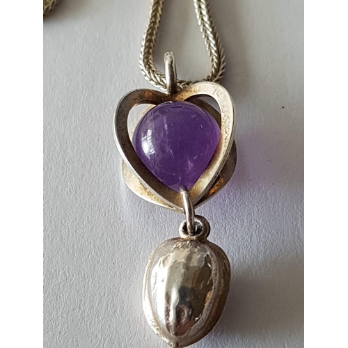 65 - Sterling Silver Hallmarked .925 Ladies Heart Shaped Pendant Captive Purple Stone / Walnut, Total Wei... 