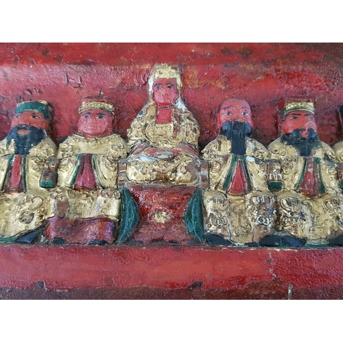 88 - Vintage Chinese Red and Gold Wooden Carved Wall Plaque (29 x 41 x 2.5cm), (A/F)