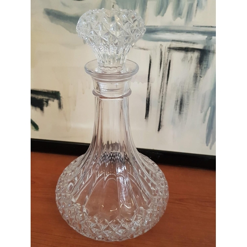 275 - Retro Style Cut Glass Wine Decanter with Stopper (H:25cm) Together with Retro Cut Glass Wine Glasses... 