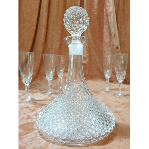 346 - Retro Style Cut Glass Ornate Wine Decanter with Matching Stopper (H:28cm) Together with Set of 6 x W... 