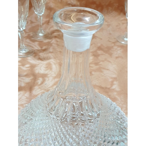 346 - Retro Style Cut Glass Ornate Wine Decanter with Matching Stopper (H:28cm) Together with Set of 6 x W... 