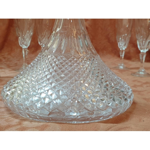 346 - Retro Style Cut Glass Ornate Wine Decanter with Matching Stopper (H:28cm) Together with Set of 6 x W... 