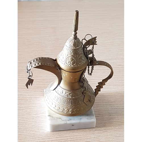 539 - Pair of Brass Oriental Ornaments / Traditional Coffee Pots (18.5cm each) in Marble Square Bases (8 x... 