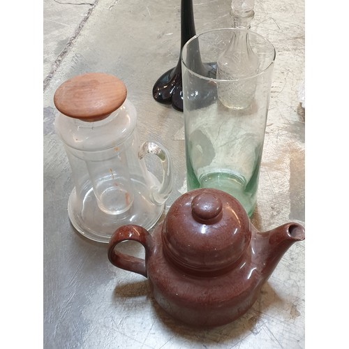 553 - Assorted Collection of Household; Glass Water Jar, Brown Ceramic Tea Pot, 2 x Glass Vases, 2 x Cut G... 