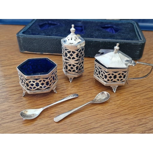 101 - A Fine Cased Sterling Silver Antique Condiment Set; 3-Piece, Hexagonal Shaded Pierced Silver Dishes ... 