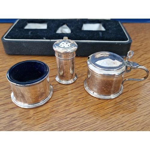 102 - A Fine Cased Sterling Silver Antique Condiment Set, 3-Piece Round Units with Cobalt Blue Glass Liner... 