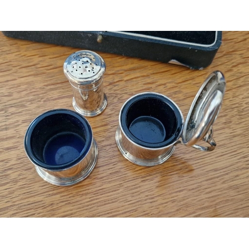 102 - A Fine Cased Sterling Silver Antique Condiment Set, 3-Piece Round Units with Cobalt Blue Glass Liner... 