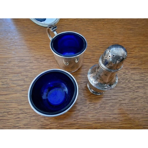 103 - A Sterling Silver Condiment Set, 3-Piece, Two with Cobalt Blue Glass Liners, (Approx. Sifter H: 8cm,... 