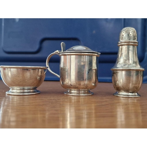 103 - A Sterling Silver Condiment Set, 3-Piece, Two with Cobalt Blue Glass Liners, (Approx. Sifter H: 8cm,... 