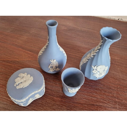 30 - Small Collection of Wedgwood Blue Jasperware; 2 x Bud Vases, Lidded Dish and Small Pedestal Vase, (4... 