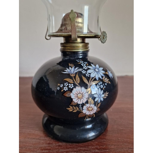 37 - Vintage Oil Lamp, Coloured Glass Base with Painted Flower Decoration and Clear Glass Shade