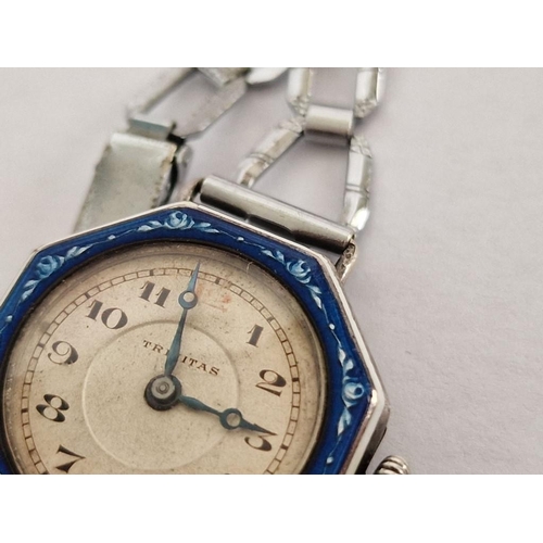 182 - Vintage 'Trinitas' Ladies Cocktail Watch in Silver (.925) Hexagonal Shaped Case with Blue Enamel Bez... 