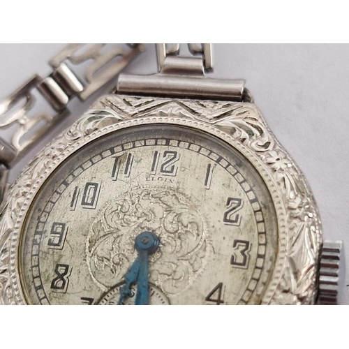 183 - Vintage Elgin Ladies Cocktail Watch in Engraved 14k White Gold Filled Case with Decorative Silver Co... 