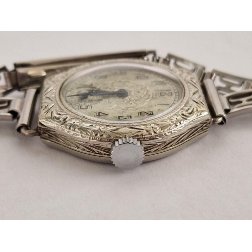 183 - Vintage Elgin Ladies Cocktail Watch in Engraved 14k White Gold Filled Case with Decorative Silver Co... 