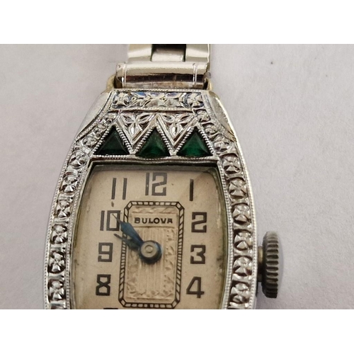 185 - Vintage Bulova Ladies Cocktail Watch in Decorative White Metal Case Set with Green Stones, Manual Wi... 