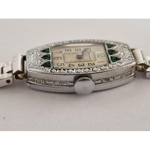 185 - Vintage Bulova Ladies Cocktail Watch in Decorative White Metal Case Set with Green Stones, Manual Wi... 