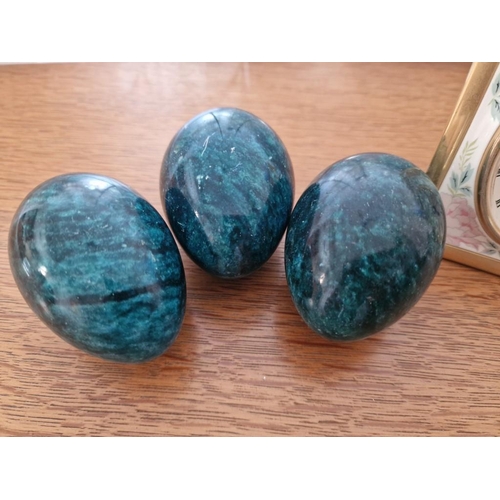 199 - Set of 3 x Polished Stone Eggs, Together with Brass and Porcelain Desk Clock, Made in West Germany (... 