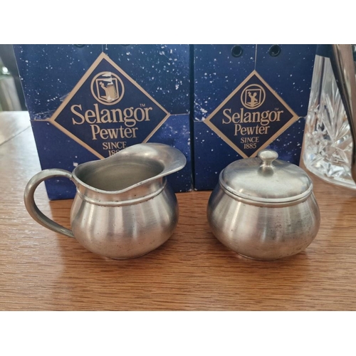 204 - Selangor Pewter Milk Jug and Lidded Sugar Bowl, with Original Boxes, Together with Crystal Ice Bucke... 