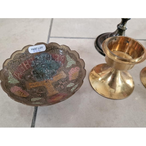 256 - Collection of Items; 2 x Pair of Candle Holders, Decorative Metal Bethlehem Bowl and Metal & Wood El... 