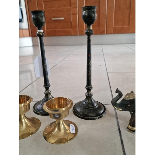 256 - Collection of Items; 2 x Pair of Candle Holders, Decorative Metal Bethlehem Bowl and Metal & Wood El... 