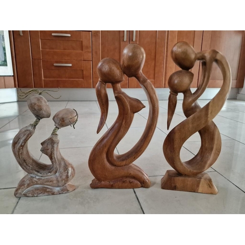 258 - 3 x Carved Wooden Statues of Abstract Lovers, (Approx. H: 29, 39 & 40cm), (3)