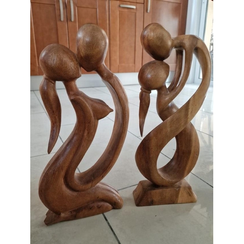 258 - 3 x Carved Wooden Statues of Abstract Lovers, (Approx. H: 29, 39 & 40cm), (3)