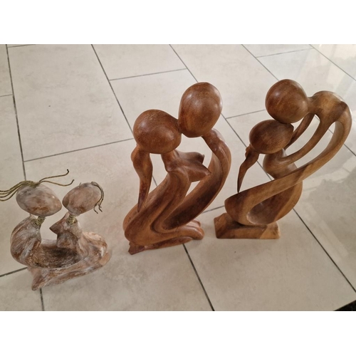 258 - 3 x Carved Wooden Statues of Abstract Lovers, (Approx. H: 29, 39 & 40cm), (3)