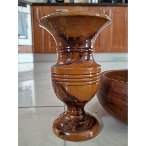 259 - 3 x Wooden Items; Turned Fruit Bowl (Ø: 26cm), Vase (H: 22cm), and Candlestick, (3)