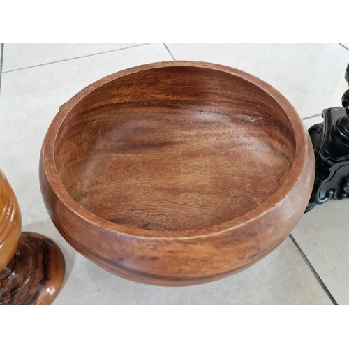 259 - 3 x Wooden Items; Turned Fruit Bowl (Ø: 26cm), Vase (H: 22cm), and Candlestick, (3)