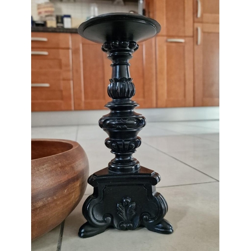 259 - 3 x Wooden Items; Turned Fruit Bowl (Ø: 26cm), Vase (H: 22cm), and Candlestick, (3)