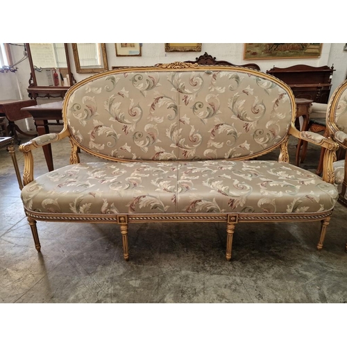 213 - Classical Style Sofa Set of 3-Seater Sofa and 2 x Matching Armchairs; Gold Colour Carved Wood Surrou... 