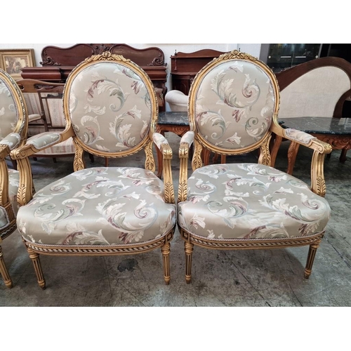 213 - Classical Style Sofa Set of 3-Seater Sofa and 2 x Matching Armchairs; Gold Colour Carved Wood Surrou... 