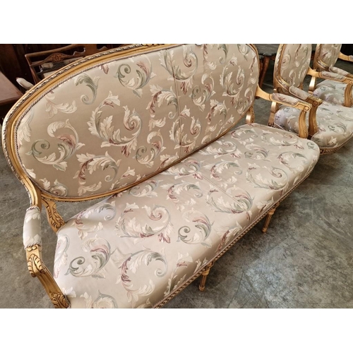 213 - Classical Style Sofa Set of 3-Seater Sofa and 2 x Matching Armchairs; Gold Colour Carved Wood Surrou... 