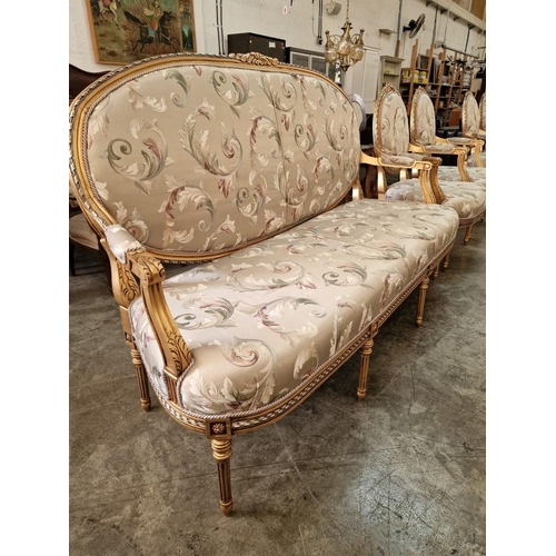 213 - Classical Style Sofa Set of 3-Seater Sofa and 2 x Matching Armchairs; Gold Colour Carved Wood Surrou... 