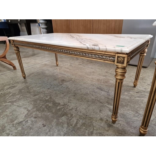 214 - Set of 3 x Classical Style Gold Colour Carved Wood Coffee & Side Tables, 2 with Marble Tops, (Approx... 