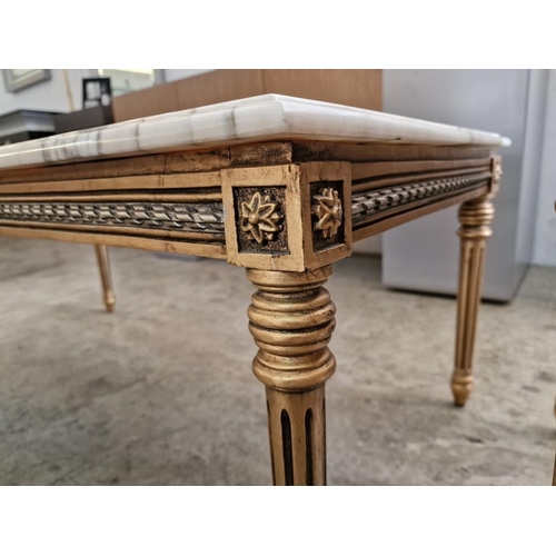 214 - Set of 3 x Classical Style Gold Colour Carved Wood Coffee & Side Tables, 2 with Marble Tops, (Approx... 