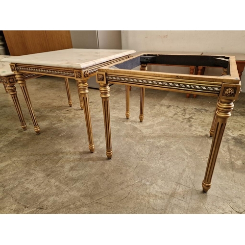 214 - Set of 3 x Classical Style Gold Colour Carved Wood Coffee & Side Tables, 2 with Marble Tops, (Approx... 