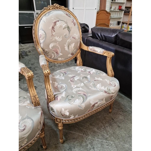 215 - Pair of Classical Style Armchairs; Gold Colour Carved Wood Surround with Embroidered Padded Fabric S... 