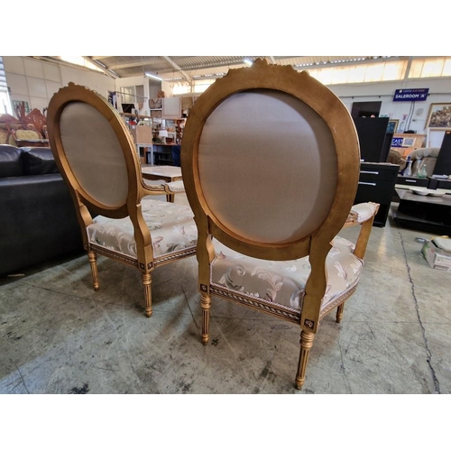 215 - Pair of Classical Style Armchairs; Gold Colour Carved Wood Surround with Embroidered Padded Fabric S... 