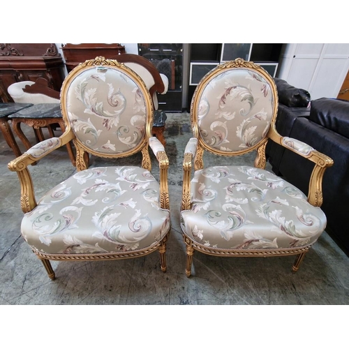 215 - Pair of Classical Style Armchairs; Gold Colour Carved Wood Surround with Embroidered Padded Fabric S... 