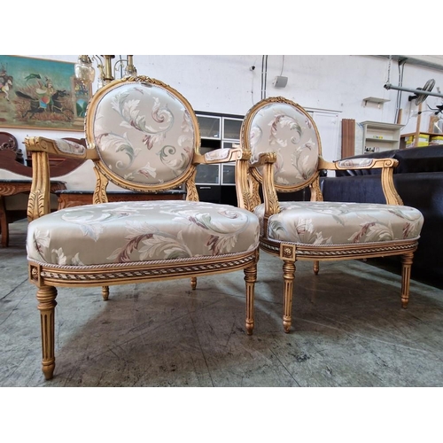 215 - Pair of Classical Style Armchairs; Gold Colour Carved Wood Surround with Embroidered Padded Fabric S... 