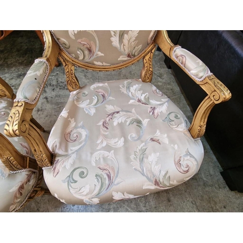 215 - Pair of Classical Style Armchairs; Gold Colour Carved Wood Surround with Embroidered Padded Fabric S... 