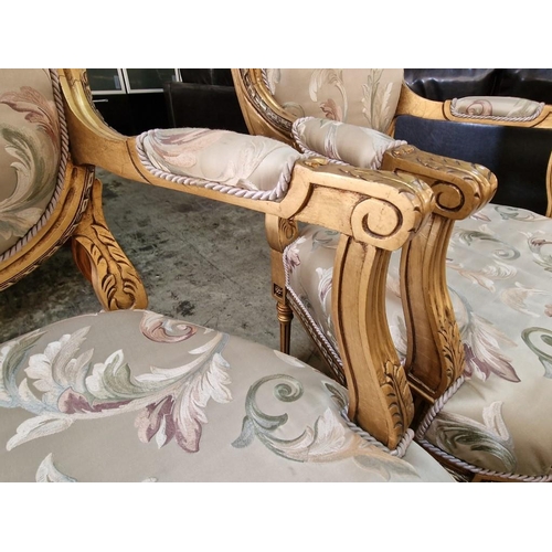 215 - Pair of Classical Style Armchairs; Gold Colour Carved Wood Surround with Embroidered Padded Fabric S... 