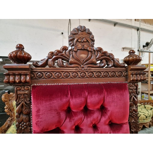 221 - Highly Carved Solid Wood 'Sphinx King' Throne Chair with Padded Red Button Back Studded Fabric Seat ... 