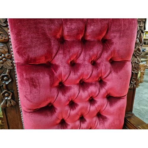 221 - Highly Carved Solid Wood 'Sphinx King' Throne Chair with Padded Red Button Back Studded Fabric Seat ... 